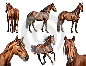 Brown horse, many angles and view portrait side back head shot isolated on transparent background cutout, PNG