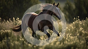 a brown horse running through a field of tall grass and flowers with trees in the backgrouds of the picture in the background