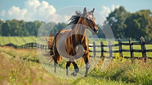 Brown Horse Running in Grassy Field