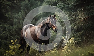 a brown horse standing in a forest next to a forest filled with green plants and trees and a tall pine tree with a brown horse