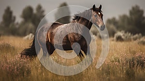 a brown horse standing on top of a dry grass field next to a field filled with pink and white flowers and trees in the background