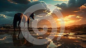 A brown horse standing on top of a sandy beach