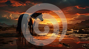 A brown horse standing on top of a sandy beach