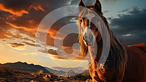 A brown horse standing on top of a sandy beach