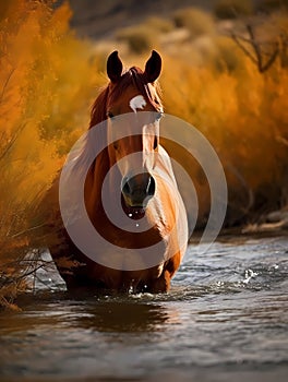 A brown horse standing in a tranquil river surrounded by lush green grass and bushes, AI generated