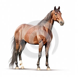 Brown horse is standing on white background