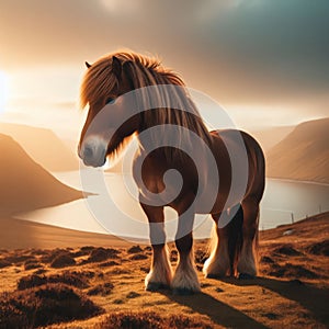 Brown horse stands majestic on ocean clifftop during golden hour