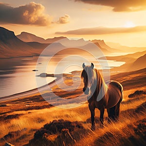 Brown horse stands majestic on ocean clifftop during golden hour