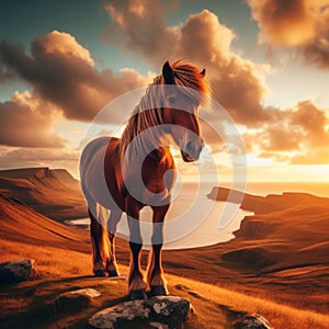 Brown horse stands majestic on ocean clifftop during golden hour