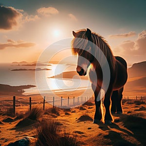 Brown horse stands majestic on ocean clifftop during golden hour