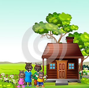 Brown House With Hippopotamus Family in Grass Field Background Cartoon