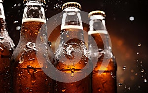 Brown ice cold beer bottles with water drops and old opene