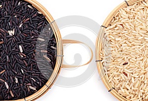 Brown jasmine rice and rice berry seeds isolated on a white background.top view,flat lay