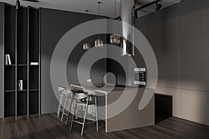 Brown kitchen interior with countertop and seats, shelves and kitchenware