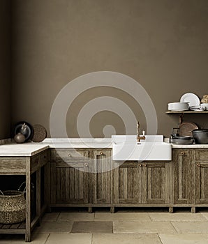 Brown kitchen interior with sink, furniture, dishes and decor.