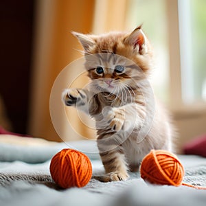 Brown kitten playing with wool ball