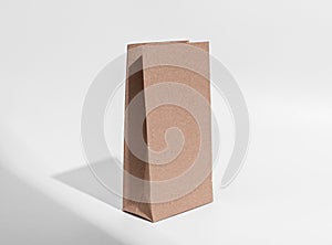 Brown kraft paper bag mock up. Craft pouch, package, vertical packet, angle view