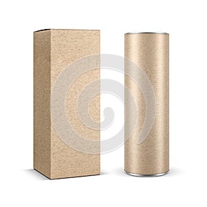 Brown kraft paper Box Mockup with paper tube tin can isolated on white background