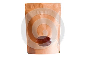 Brown kraft paper doypack pouch with zipper with oval window on white background