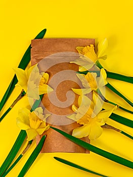 Brown kraft paper pouch bag mockup coffee beans and yellow daffodil flowers on pastel background top view