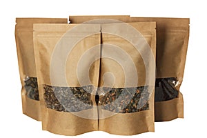 Brown kraft paper pouch bags front view isolated on a white background. Packaging for foods and goods template mock-up