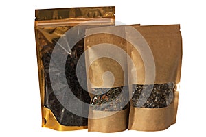 Brown kraft paper pouch bags front view isolated on a white background. Packaging for foods and goods template mock-up