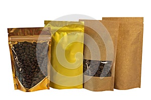 Brown kraft paper pouch bags front view isolated on a white background. Packaging for foods and goods template mock-up