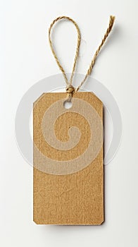 Brown kraft paper tag with rope on white background, studio shot