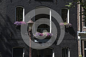 Brown lantern on the street of Amsterdam near old building with flowers