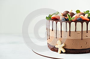 Brown layered cake decorated with blueberries, strawberries and chocolate drips on top. White background