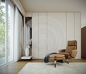 Brown leather armchair in modern home interior with empty white wall background
