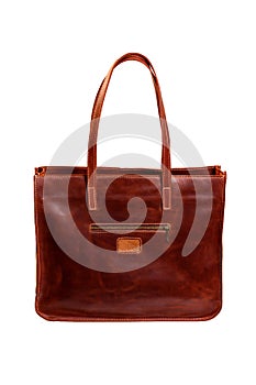 Brown leather bag isolated on white background.