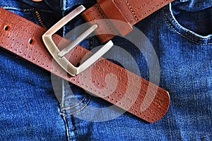 Brown Leather Belt and Blue Jeans Close Up