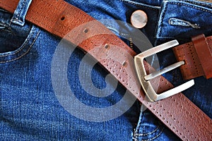 Brown Leather Belt and Blue Jeans Close Up