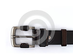 dark brown leather belt with silver metal buckle on white background with copy space