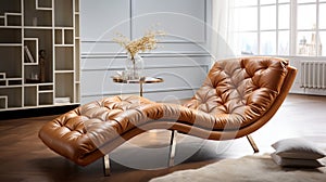 a brown leather chaise lounge chair in a living room. generative ai