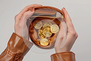 A brown leather coin purse that is filled with golden Bitcoins