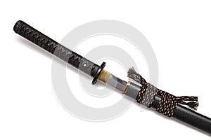 Brown leather cord tie on grip Japanese sword steel fitting and black scabbard