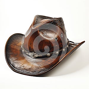 Brown leather cowboy hat isolated on white background, created with generative AI