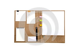 Brown leather Folder with note paper isolated