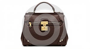 Brown leather handbag with a structured, rectangular shape. Features a sturdy top