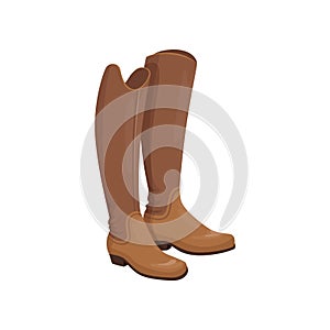 Brown leather horseman boots, equestrian professional sport element vector Illustration
