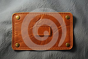 A brown leather label rests on a gray fabric background blankly