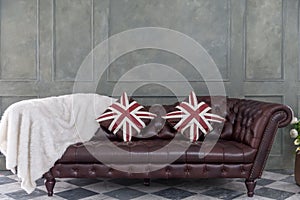 Brown leather Luxurious sofa with pillow and wool