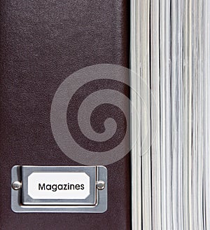 Brown leather magazine holder and magazines.