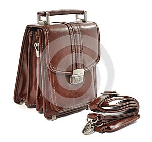 Brown leather mans bag on white background