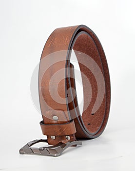 Brown leather men belt on white