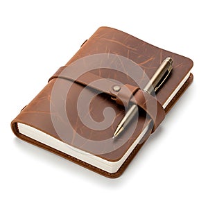 Brown leather notebook with pen isolated on white background