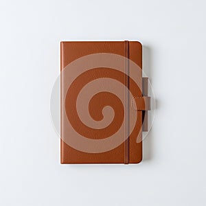 Brown leather notebook with a smooth texture on a white surface