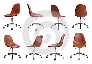 Brown leather office chair isolated on white, set